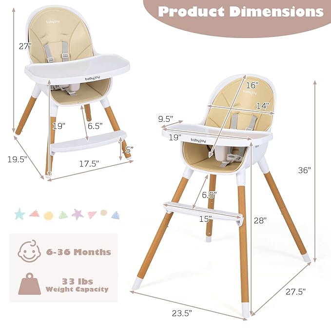 BABY JOY Convertible Baby High Chair, 3 in 1 Wooden Highchair/Booster/Chair with Removable Tray, Adjustable Legs, 5-Point Harness, PU Cushion and Footrest for Baby, Infants, Toddlers (Beige)-CubbioJoy