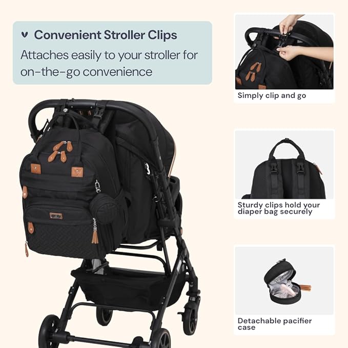 BabbleRoo Extra Large Diaper Bag Backpack, Expandable Baby Bag with Up to 50% More Capacity - Travel Essentials Baby Bag Tote with Changing Pad, Stroller Straps & Pacifier Case - Unisex, Black-CubbioJoy