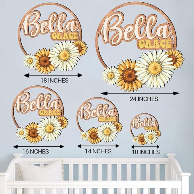 Custom wooden nursery name sign, Boho nursery wood 2 layer, Floral nursery name sign for girls, Daisy Sunflower Baby name signs for nursery, Wood name signs, Baby shower, Nursery decor flower gift/18-CubbioJoy