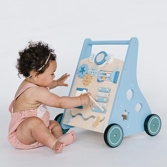 Beright Wooden Baby Walker Push and Pull Learning Activity Walker with Wheels Montessori Walker Toy Multiple Activities Center Develops Motor Skills & Stimulates Creativity (Blue)-CubbioJoy