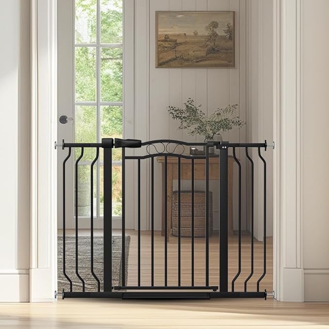 29.53"-43.30" Mornyray Auto-Close Baby Gate Extra Wide, Pressure Mounted Dog & Pet Gate for Stairs Doorways, No Drill Safety Barrier with Lace Design, Metal Child Proof Gate Indoor Outdoor, Black-CubbioJoy