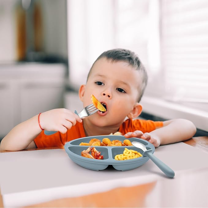 Baby Feeding Set, 2 Pack Silicone Divided Suction Plates for Baby, 2 Pack Spoons and Forks Set, BPA Free, Baby Led Weaning Supplies for Toddler Utensils-CubbioJoy