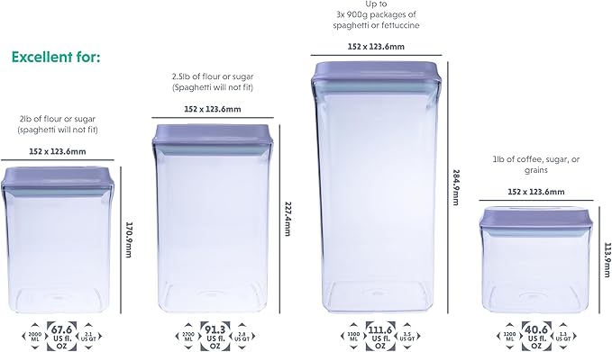 BopTop (4pc Set) Airtight Food Storage Container – Mechanical Silicone Seal Canister - BPA-Free Stackable - 1.3Qt/2.1Qt/2.8Qt/3.5Qt-CubbioJoy
