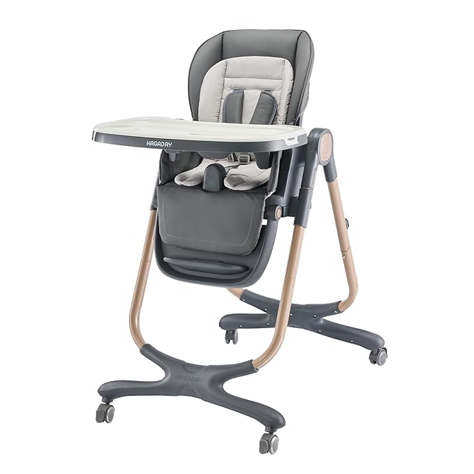 6 in 1 Convertible High Chairs for Babies and Toddlers,Portable High Chair with Dishwasher Tray and 4 Wheel,Booster Seat for Dining Table,Foldable Toddle and Baby Feeding Highchair (Gold-Grey)-CubbioJoy