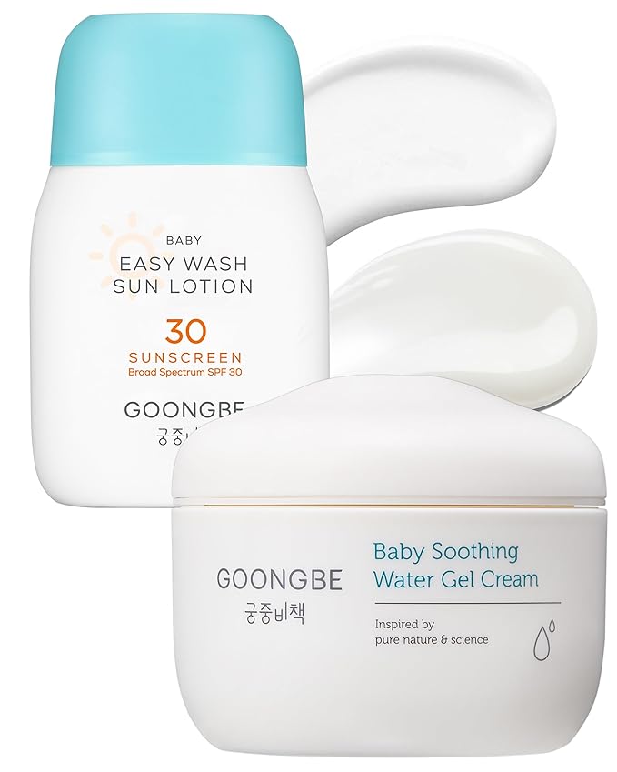 Baby Easy Wash Sun Lotion SPF 30 & Soothing Water Gel Cream - Korean Zinc Oxide Mineral Sunscreen & Cooling Moisturizer - Vegan Hypoallergenic for Ages 0-3, Lotion 2.11oz & Gel Cream 3.38oz-CubbioJoy