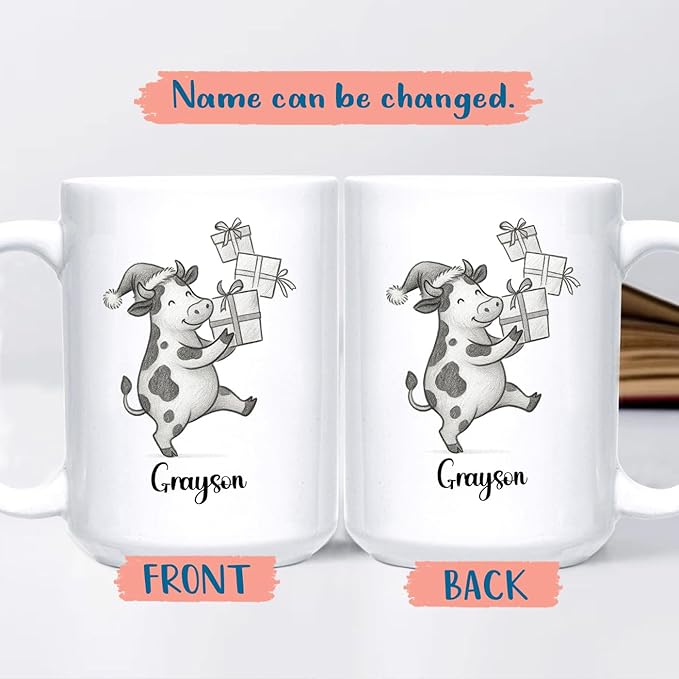Cow Ceramic Cup 11 15Oz, Personalized Cow Coffee Mug Gift For Christmas, Unique Animal White Accent Coffee Cup, Custom Cows Lover Coffee Mug With Name, Unique Cows Teacup Gift For Kid Child Birthday-CubbioJoy