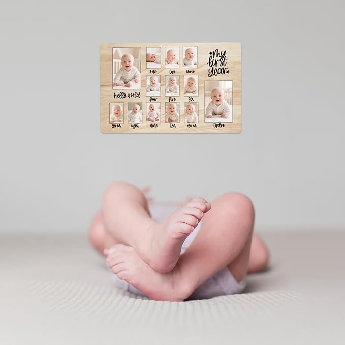 CHONIC My First Year Photo Board, 1st Birthday Gifts for Boy or Girls, 12 Month Pictures Frame for Baby First Year, One Year Birthday Decorations Milestone Sign, Wooden Baby Keepsake Gifts-CubbioJoy