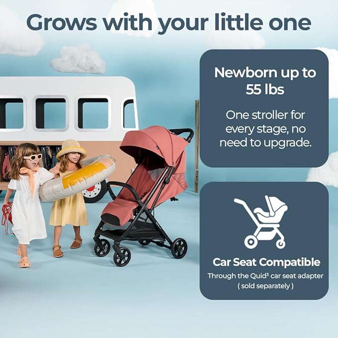 Inglesina Quid³ Stroller, Aurora Pink - Compact Reclining Travel Stroller for Baby & Toddler 0-55 lbs, One Hand fold, Car seat Compatible, Airplane Overhead, Lightweight, Foldable, XL UPF 50+ Canopy-CubbioJoy