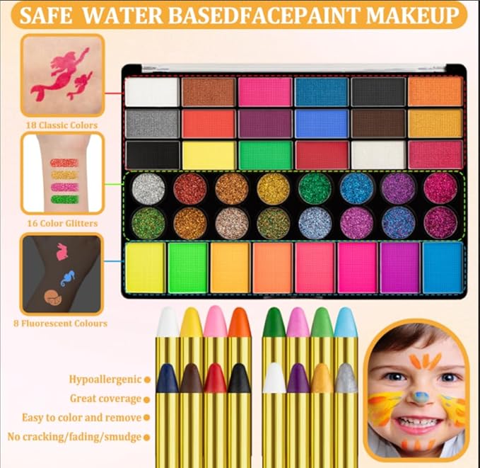 42 Color Face Painting Kit for Kids-Non Toxic Water Activated Face Paint Palette with 16 Crayons,6 Reusable & 63 Sticky Stencils,Brushes,Gems.Ideal Choice for Carnival,Halloween,Parties,Makeup etc.-CubbioJoy