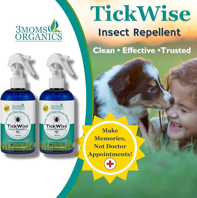 3 Moms Organics, TickWise 8oz Extra Strength Double Whammy 2-Pack - DEET- Free, Tick and Insect Repellent, Plant Based Essential Oils, All Natural Ingredients, Safe for Kids, Adults, Dogs & Horses-CubbioJoy