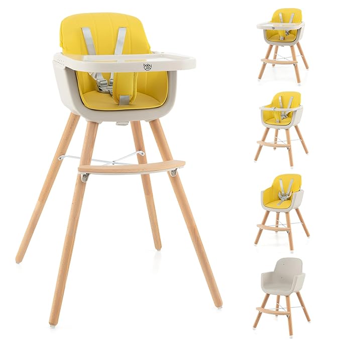 BABY JOY Convertible Baby High Chair, 3 in 1 Wooden Highchair/Booster/Chair with Removable Tray, Adjustable Legs, 5-Point Harness, PU Cushion and Footrest for Baby, Infants, Toddlers (Yellow)-CubbioJoy