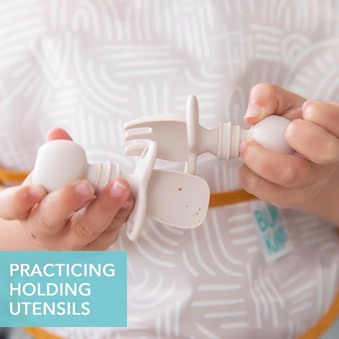 Bumkins Baby Utensils Set, Chewtensils Silicone Spoons for Dipping, Self-Feeding, Baby Led Weaning, Trainer Learning, First Stage Eating, Soft Practice Fork and Spoon, Babies 6 Months, Sand Beige-CubbioJoy