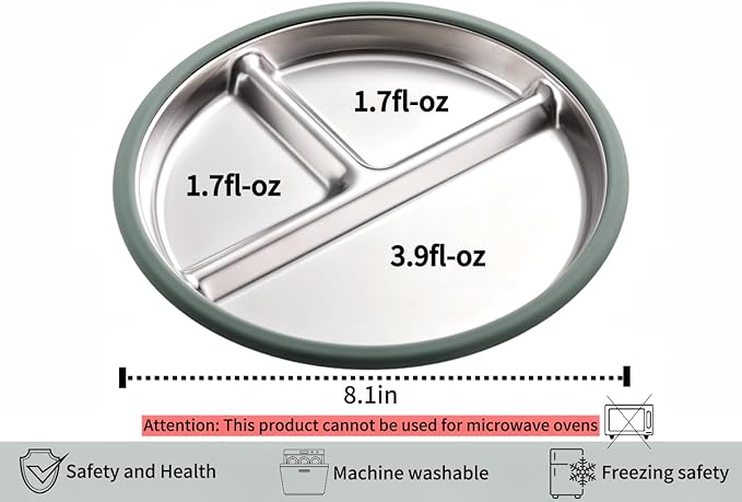 3Pack Sainless Steel Kids Plates with Suction, 8.1” Divided Toddler Baby Plates with Removable Silicone Sleeves BPA Free Non-Slip 2-in-1 Anti Breakage Metal Toddler Bowls-CubbioJoy