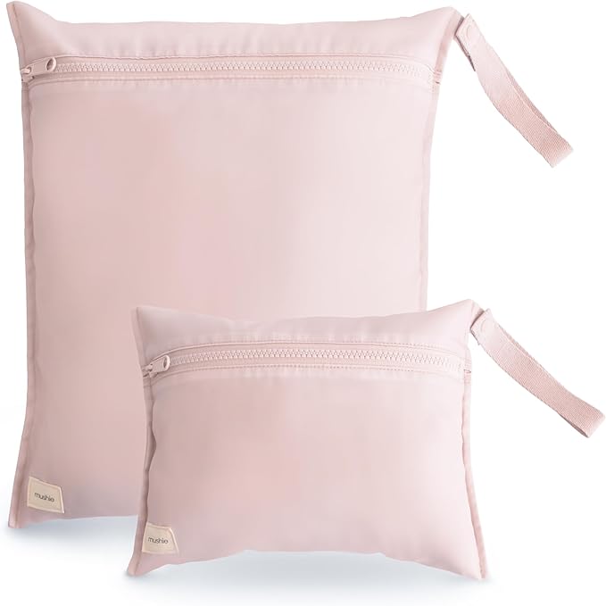 mushie Water Resistant Wet Bags | Large & Small Reusable Storage Bag for Baby Items and Travel | Zippered Pockets with Handle | Machine Washable, Set of 2 (Blush)-CubbioJoy
