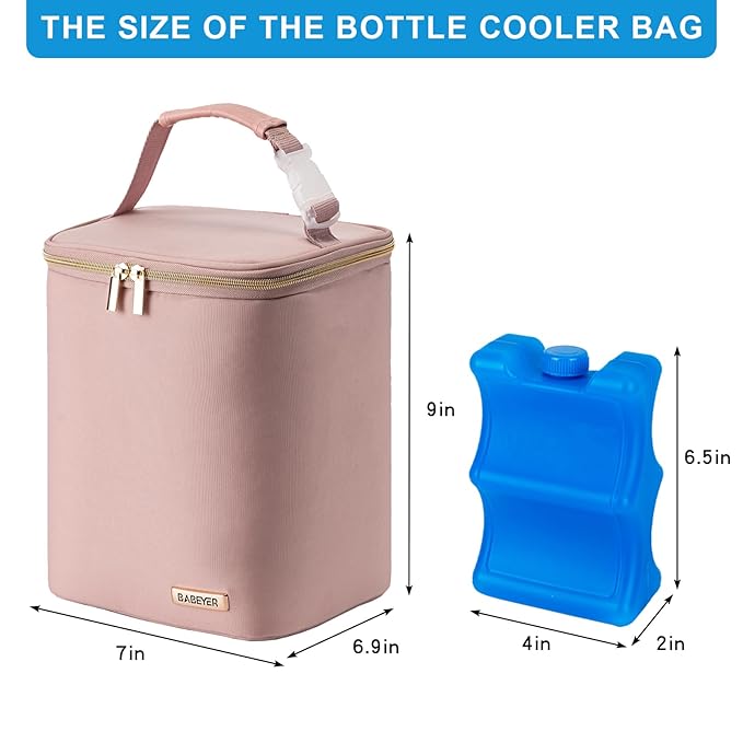 Breast Milk Cooler Bag with Ice Pack Fits 4 Baby Bottles Up to 9 Ounce, Baby Bottle Bag for Nursing Mom Daycare, Pink-CubbioJoy