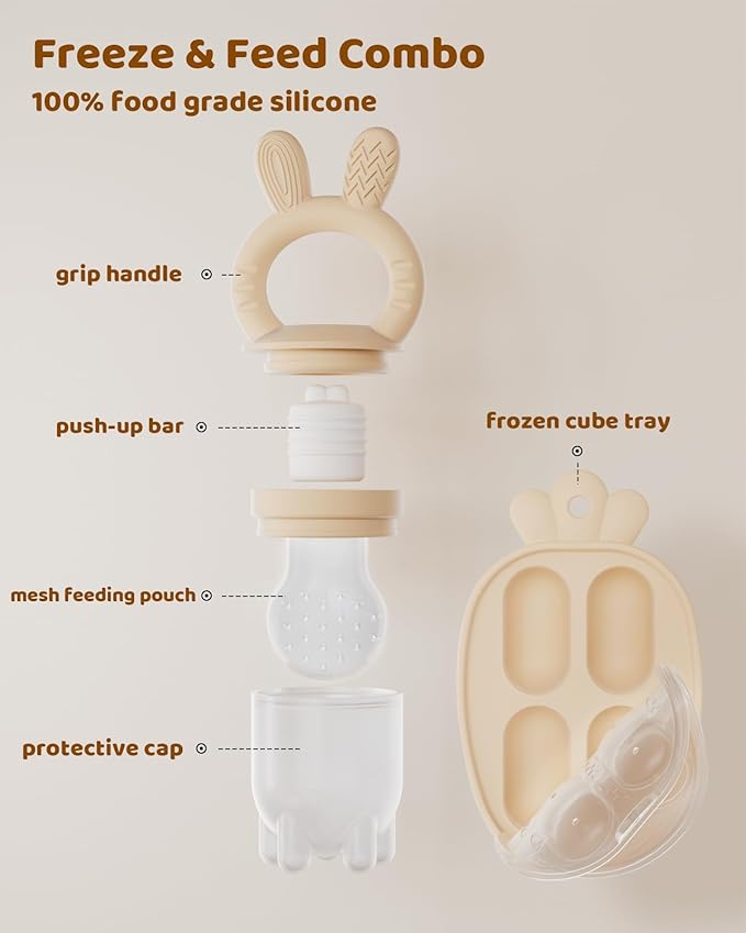 2 Packs Baby Fruit Feeder & Freezer Nibble Tray Combo, Push Pop Baby Food Feeder to Safely Introduce New Foods, Fresh & Frozen Food Silicone Feeder, 100% Food Grade, BPA Free (Caramel & Olive)-CubbioJoy