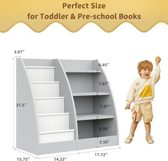 4 Tier Kids Bookshelf,4 Layer Sling Kids Book Shelf for Kids Rooms,Wood Children Bookcase,Baby Storage Book Rack,Toddler Bookshelf, Book and Toy Organizer,Book Display Shelf for Bedroom, Nursery-CubbioJoy