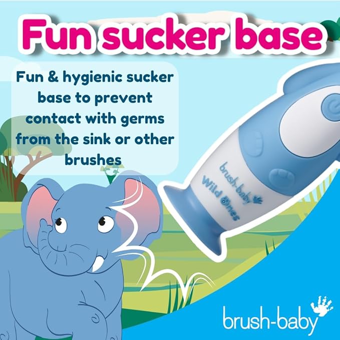 brush-baby WildOnes Kids Electric Rechargeable Toothbrush Elephant, 1 Handle, 3 Brush Heads, USB Charging Cable, for Ages 0-10 (Elephant)-CubbioJoy