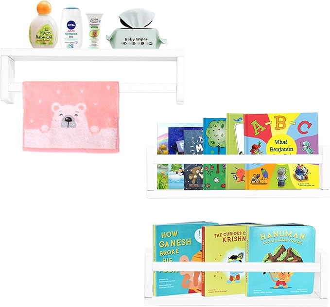 AZSKY Floating Bookshelf for Kids Room White Nursery Shelves Picture Ledge Wall Shelves for Bathroom Decor Kitchen Spice Rack Book Shelf Photo Organizer for Baby Nursery Décor 16 Inch Set of 3-CubbioJoy