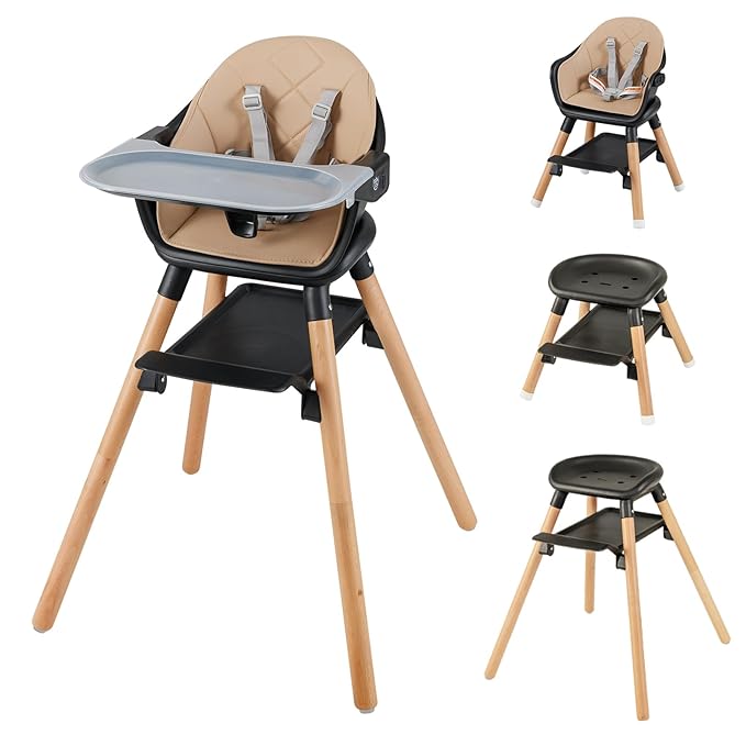 BABY JOY Baby High Chair, 6 in 1 Convertible Wooden High Chair for Babies & Toddlers with Adjustable Legs, Double Removable Tray, Safety Harness & Waterproof PU Cushion (Coffee)-CubbioJoy