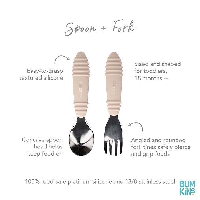 Bumkins Toddler Utensils, Kids Size Fork and Spoon Set, Silicone and Stainless-Steel Training Silverware, Angled Forks/Sporks for Self-Feeding, Children Hold Learning to Eat, 18 Mos Up, Sand Beige-CubbioJoy