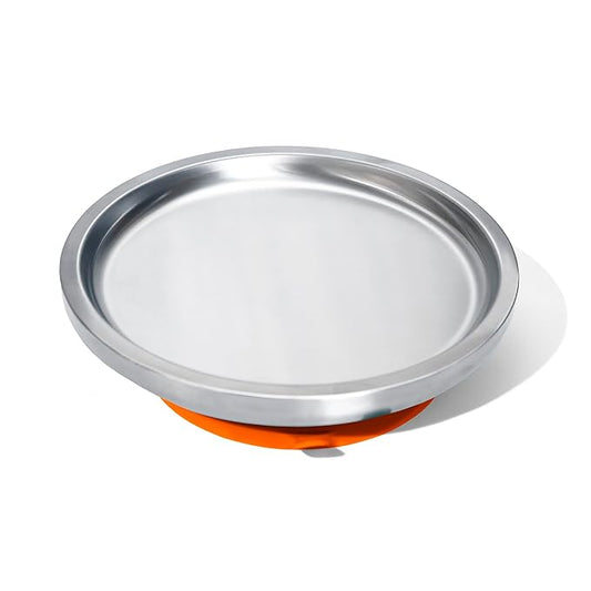 Avanchy Open Baby Plates with Suction – Stainless Steel Divided Plates for Toddlers, BPA-Free, Dishwasher Safe, Unbreakable, Non-Toxic, 100% Silicone Suction – Orange-CubbioJoy