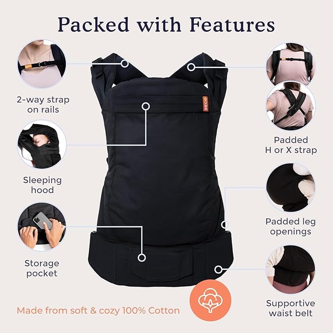 Beco Baby Carrier Toddler Carrier with Extra Wide Seat - 100% Cotton Carrying Backpack Style & Front-Carry,Lightweight & Breathable Child Carrier, Toddler Sling Carrier 20-60 lbs (Metro Black)-CubbioJoy