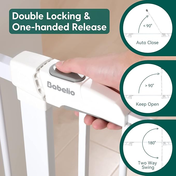 Babelio Metal Baby Gate, 29-48“ Auto Close Easy Install Pet Gate, Extra Wide Walk Thru Child Safety Gate, Pressure Mounted Dog Gate for Doorways & Stairs, with Y Spindle Rods, White-CubbioJoy