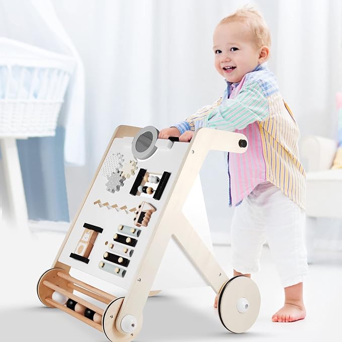 Beright Wooden Baby Walker with Roller, Push and Pull Learning Activity Walker, Multi-Functional Kids’ Activity Toy, Multiple Activities Center, Develops Motor Skills & Stimulates Creativity, Natural-CubbioJoy