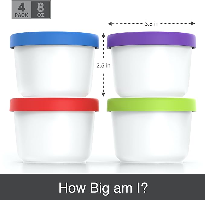 BALCI - 8oz Mini Ice Cream Containers with Silicone Lids (Set of 4) - Freezer Food Storage Containers, Reusable, LeakProof, For Homemade IceCream Containers - Blue, Red, Green, Purple-CubbioJoy