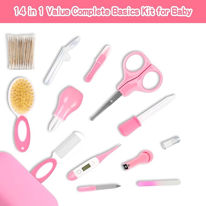 Baby Grooming Kit，Infant Safety Care Setwith Hair Brush Comb Nail Clipper Nasal Aspirator, Baby Essentials Kit for Newborn Girls Boys (14 PC-Pink Kit)-CubbioJoy