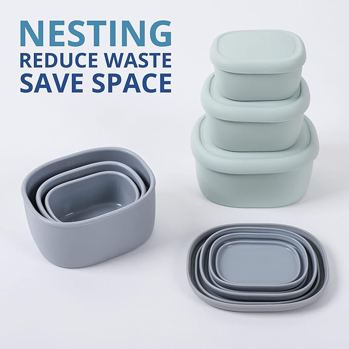 BLUE GINKGO Nesting Silicone Containers - Set of 3 Hard-Shell Silicone Food Storage Containers | BPA Free, Airtight, Dishwasher and Freezer Safe (6.7oz, 10oz, 20oz) - Grey-CubbioJoy