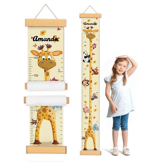 Customize Name Growth Chart Wall, Funny Giraffe Premium Canvas Removable Height Chart for Kids, Height Measurement for Wall, Unisex Kids Room Wall Decor, Measuring Height Charts-CubbioJoy