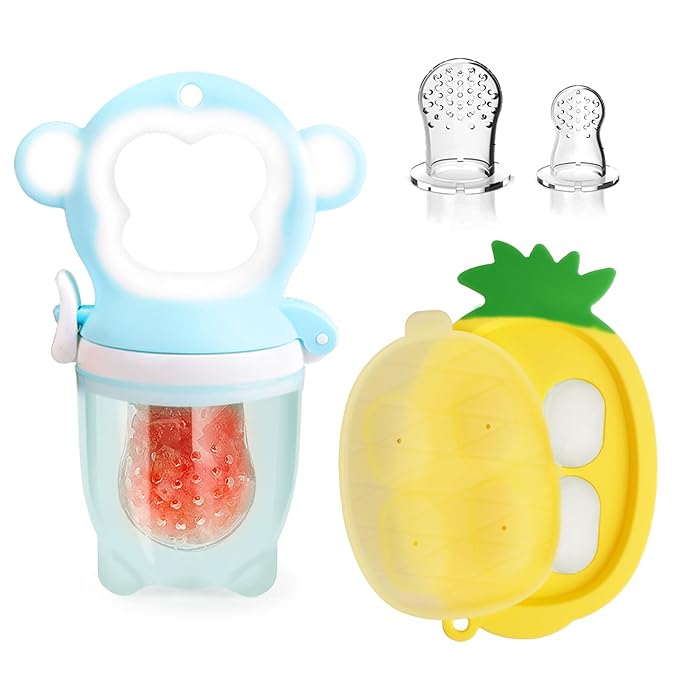 Baby Fruit Food Feeder - Silicone Nibble Tray Combo - Breastmilk Popsicle Mold for Cooling Relief, BPA Free Mesh Feeder for Infant Self Feeding (Monkey Blue + Pineapple)-CubbioJoy