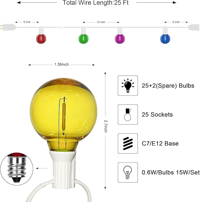 25Ft LED Outdoor String Lights, G40 Outdoor Christmas Decorations Lights Waterproof with 27 LED Globe Multicolor Bulb, Hanging Vintage Christmas Lights for Patio Roofline Backyard Garden Party Decor-CubbioJoy