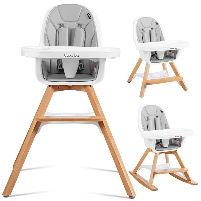 BABY JOY 3 in 1 High Chair, Baby Eat & Grow Convertible Wooden High Chair/Rocking Chair/Booster Seat/Toddler Chair, Infant Dining Chairs w/Double Removable Tray, 5-Point Seat Belt & PU Cushion, Gray-CubbioJoy