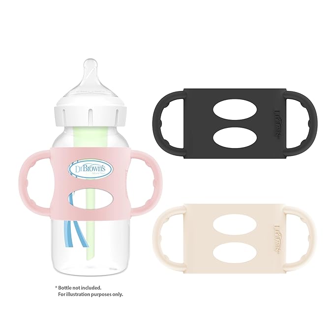 Dr. Brown's Wide-Neck Baby Bottle Handles, 100% Silicone, Easy Grip Removable Handles for Bottle to Sippy Cup Transition, Black/Ecru/Pink, 3-Pack, 4m+-CubbioJoy