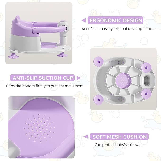 Baby Bath Seat for Babies 6 Months & up, Non-Slip Toddler Bath Seats for Babies Sitting Up, Safe Infant & Newborn Bathtub Chair with 4 Suction Cups & Soft Cushion for Shower,Lavender-CubbioJoy