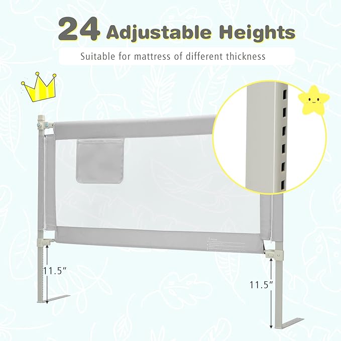 BABY JOY Bed Rail for Toddlers, 57’’ Extra Long, Height Adjustable, Foldable Baby Bed Rail Guard w/Storage Pocket & Double Safety Child Lock for Kids Twin Full Size Queen King Mattress (Gray, 57'')-CubbioJoy
