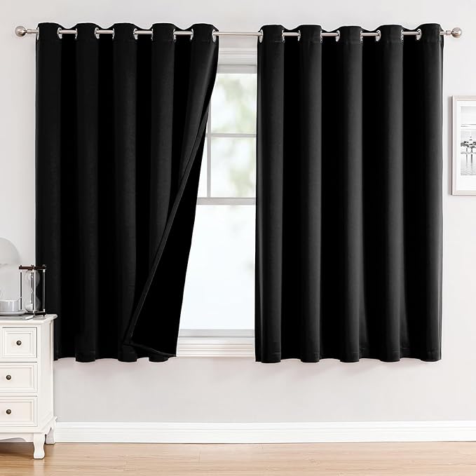 ChrisDowa 100% Blackout Curtains 63 inch Long for Bedroom with Black Liner, Extra Wide 2 Thick Layers Total Blackout Thermal Insulated Grommet Window Curtains 2 Panels Set (Black, 60 x 63 Inch)-CubbioJoy