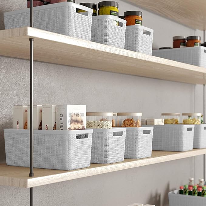 Curver Jute Decorative Plastic Organization and Storage Basket Perfect Bins for Home Office, Closet Shelves, Kitchen Pantry and All Bedroom Essentials, Slim, White, Set of 8-CubbioJoy