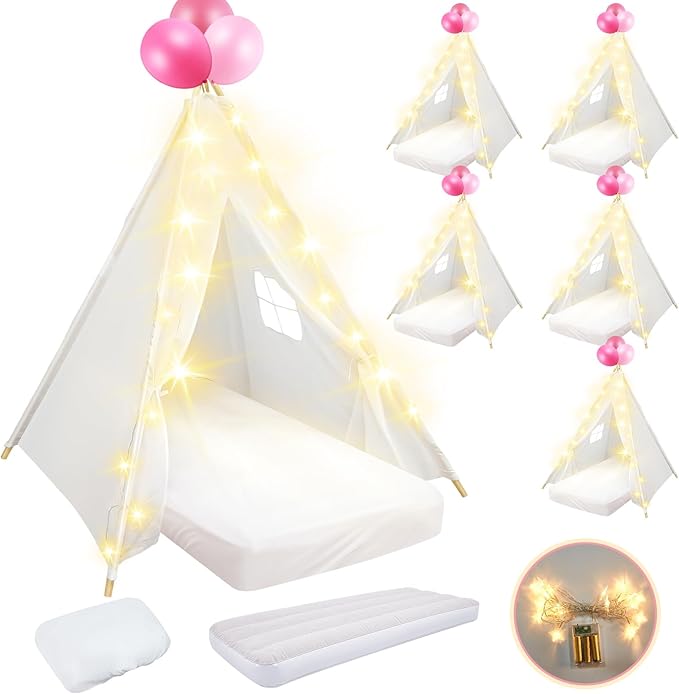 6 Pack Sleepovers Teepee Tent for Kids Bulk with Mattress Sheet Light,Natural Cotton Washable Indoor Play Tent for Birthday Slumber Party Girls Boys Pajama Movie Night Supplies(White)-CubbioJoy