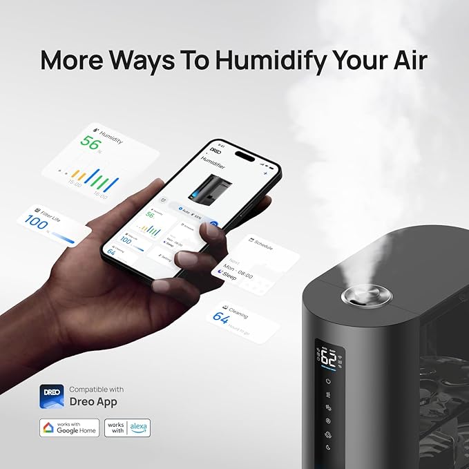 Dreo 6L Humidifiers for Bedroom, Smart Warm & Cool Mist for Large Room, 60Hr Quiet Runtime for Baby, Plant, Humidity Sensor, Indicator Light, 12H Timer, Google/Alexa, Black-CubbioJoy