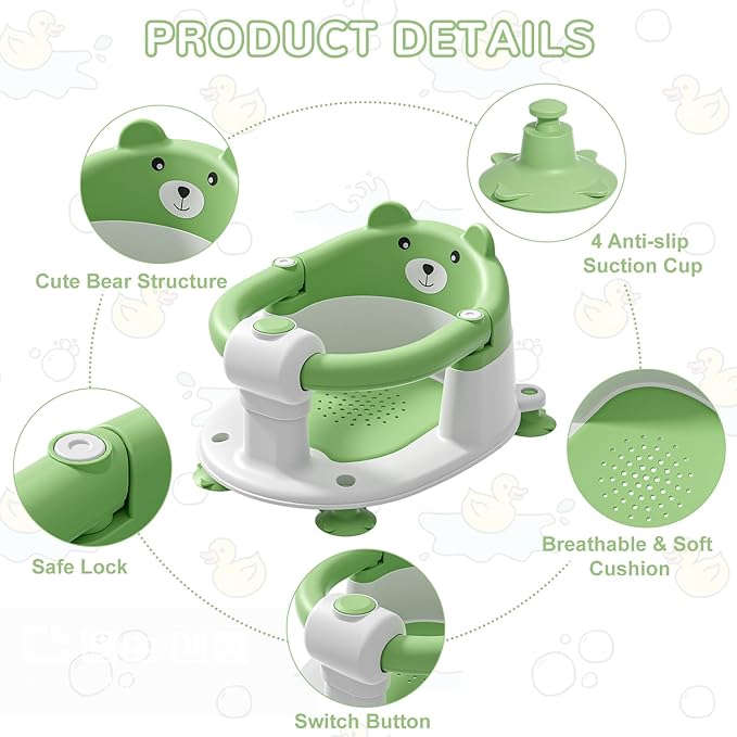 Baby Bath Seat for Babies 6 Months & up, Non-Slip Toddler Bath Seats for Babies Sitting Up, Safe Infant & Newborn Bathtub Chair with 4 Suction Cups & Soft Cushion for Shower,Gray-CubbioJoy