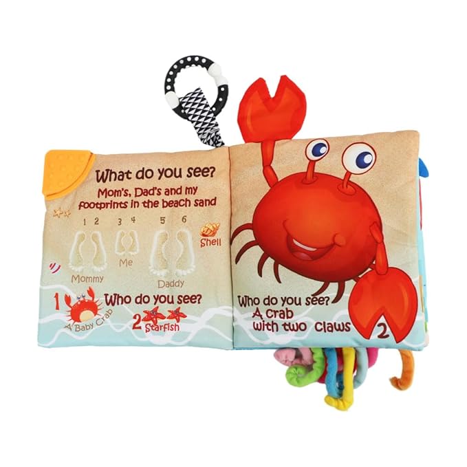 Cloth Crinkle Books for Babies Toddler – Touch and Feel Soft Baby Books, Interactive Early Learning Toys for Infants 0-6-12-18 Months Gift, Teething Toy with Teether, Fish, Octopus, Shark-CubbioJoy