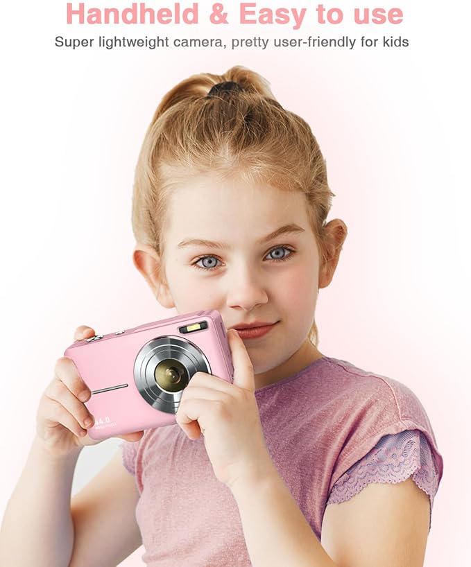 Digital Camera, FHD 1080P Point and Shoot Kids Camera, with 32GB Card, 2 Batteries, 16X Zoom Anti Shake Date Stamp, Compact Portable Small, for Starter Kid Children Teen Student Girl Boy(Pink)-CubbioJoy