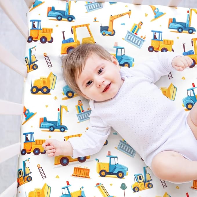 3 Piece Baby Boy Crib Bedding Set Construction Theme Baby Comforter Set for Crib Nursery Bed Set Decor with Fitted Crib Sheet, Comforter and Skirt for Boys Girls (Construction)-CubbioJoy