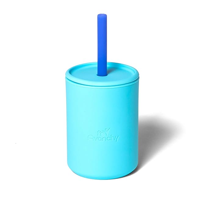 Avanchy Silicone Training Sippy Cup with Straw Lid – Tiny Cup for Babies 6+ Months to Toddlers 1 Year Old – 5 oz Infant Water Cup for Baby Led Weaning, Blue-CubbioJoy