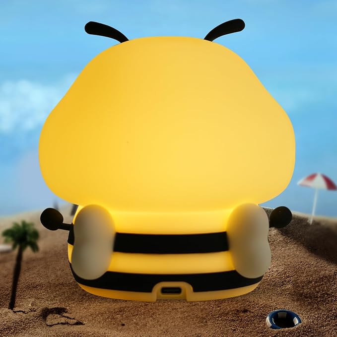 Bee Night Light for Kids,Cute Squishy Silicone Nursery Night Lamp Kawaii Animal Bedside Nightlight with 7 Colors 3 Levels Dimmable Tap Control Rechargeable Nightlights for Kids, Room Decor-CubbioJoy