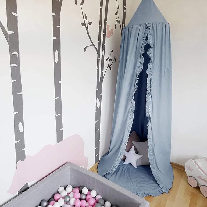 Bed Canopy with Frills Reading Nook Game Tent for Kids Boho Hanging Net Play Room Decor(Blue)-CubbioJoy
